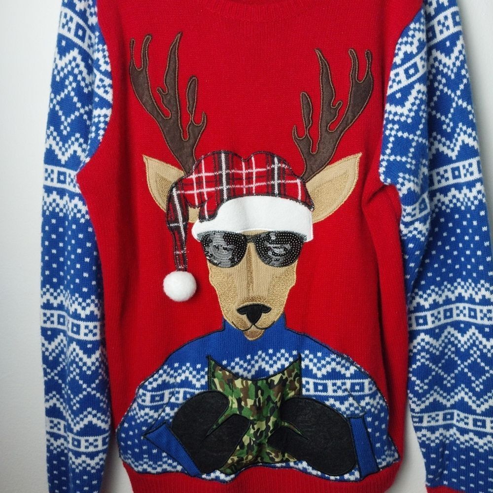 Reindeer Ugly Christmas Sweater With Camouflage Drink Pouch Holder Size XL - Picture 3 of 7